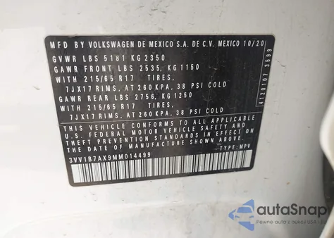 2021 Volkswagen Tiguan 2.0T S из США, поврежденный, VIN 3VV1B7AX9MM014499